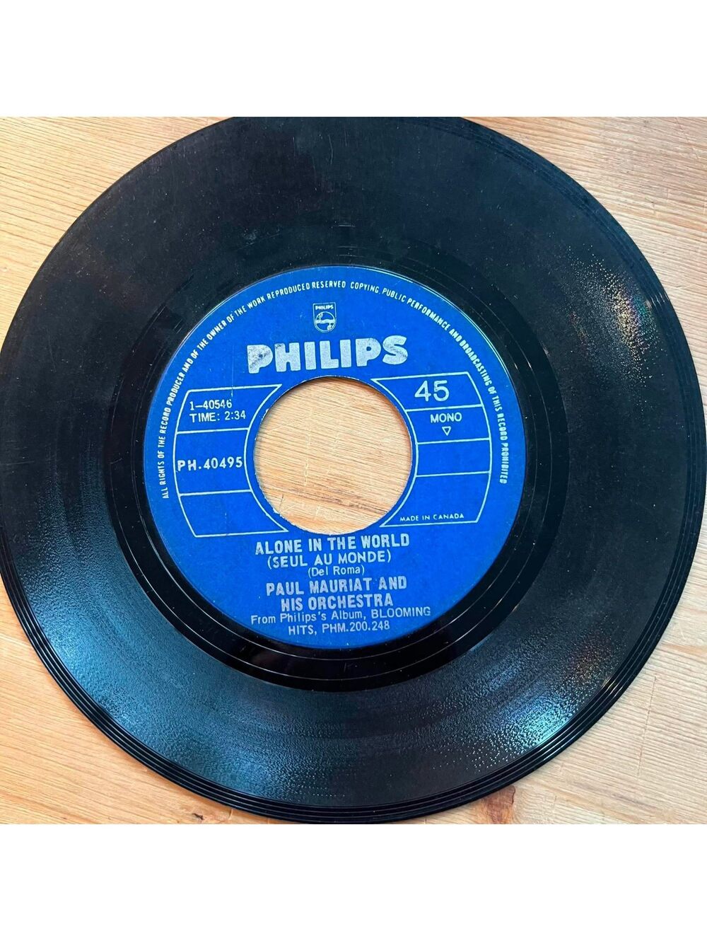 Paul Mauriat and his Orchestra - Alone in the World/Love is Blue 45rpm VG+ R11